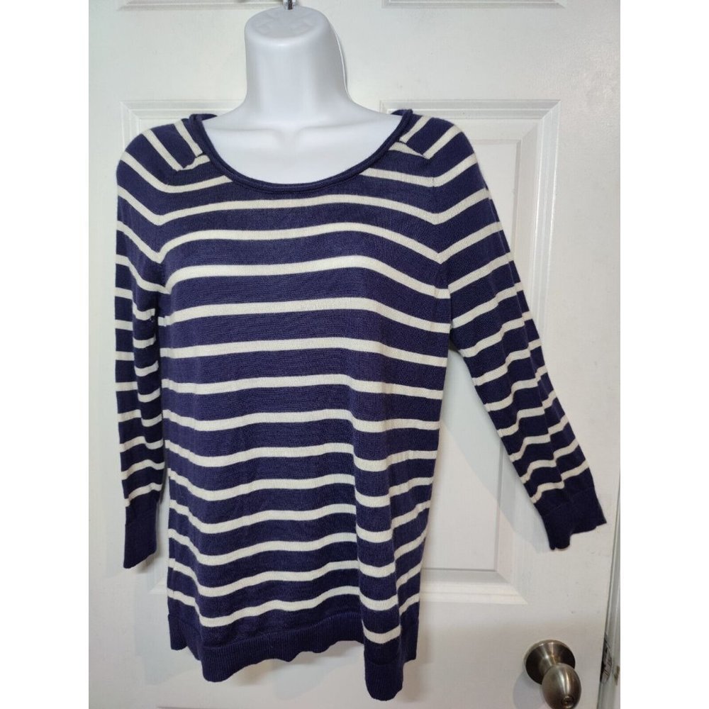 Loft Navy Blue White‎ Striped 3/4-Sleeve Merino Wool Blend Lightweight Sweater M